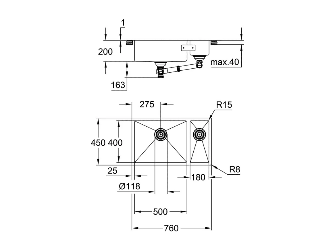 Evier à encastrer 1 bac et demi GROHE K700U acier inoxydable 76 x 45 cm