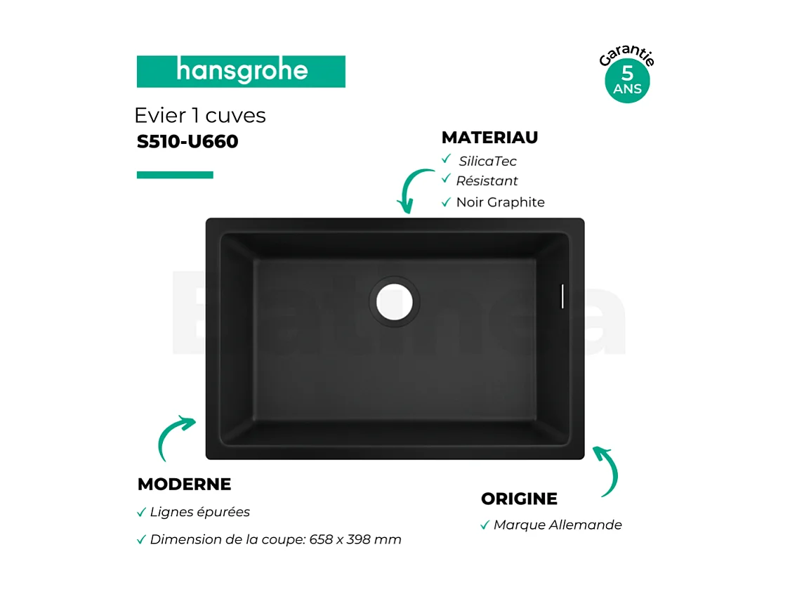 Evier à encastrer sous plan 1 bac HANSGROHE S51 660 avec vidage manuel noir graphite