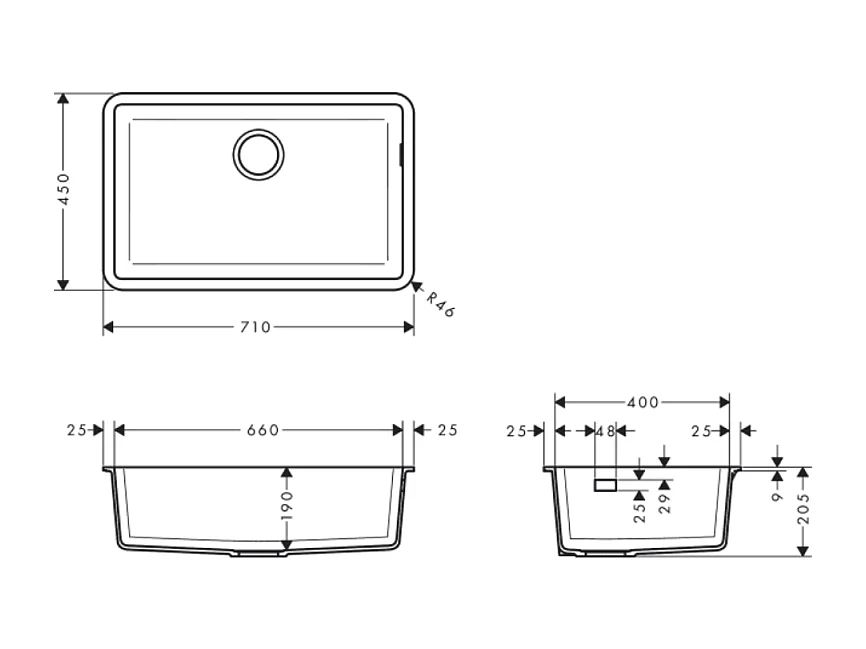 Evier à encastrer sous plan 1 bac HANSGROHE S51 660 avec vidage manuel noir graphite