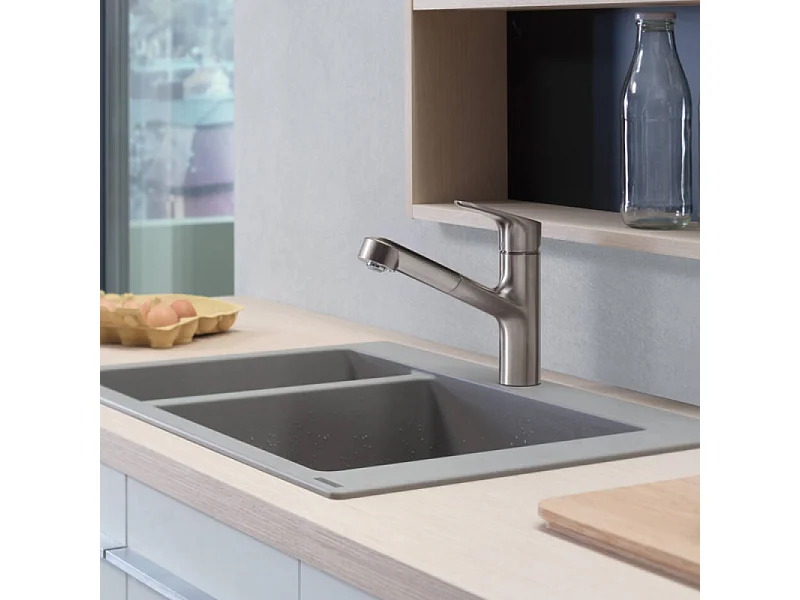 Evier à encastrer 1 bac et demi HANSGROHE S51 avec vidage auto gris béton