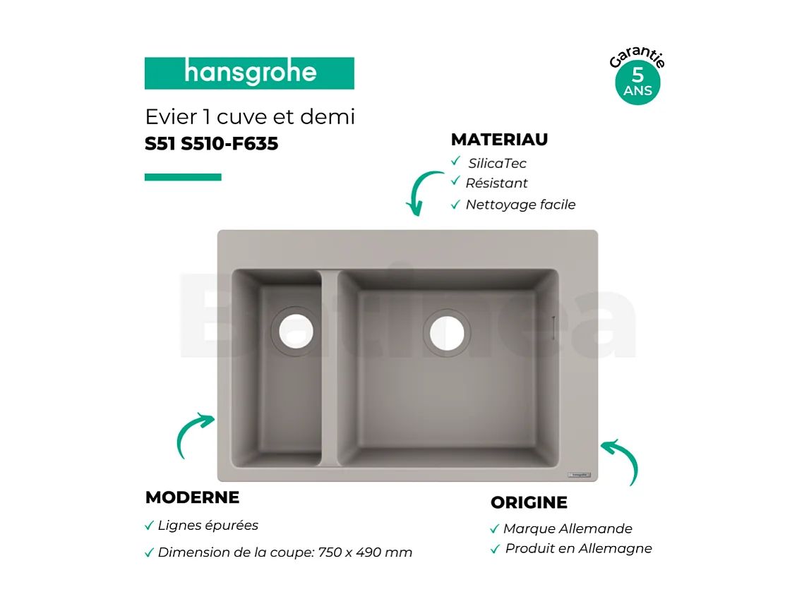 Evier à encastrer 1 bac et demi HANSGROHE S51 avec vidage auto gris béton