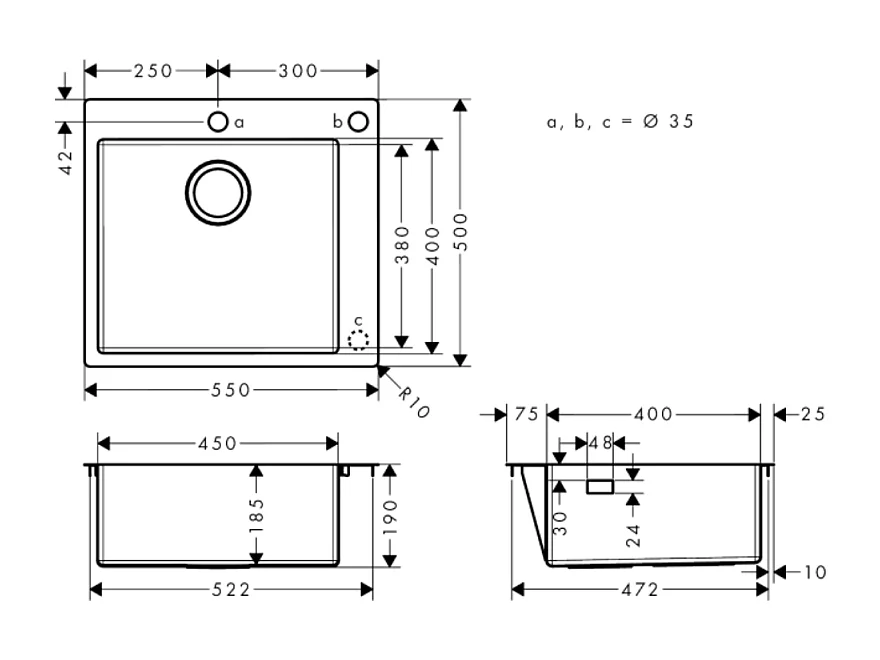 Evier à encastrer 1 bac HANSGROHE S71 450 sans vidage inox