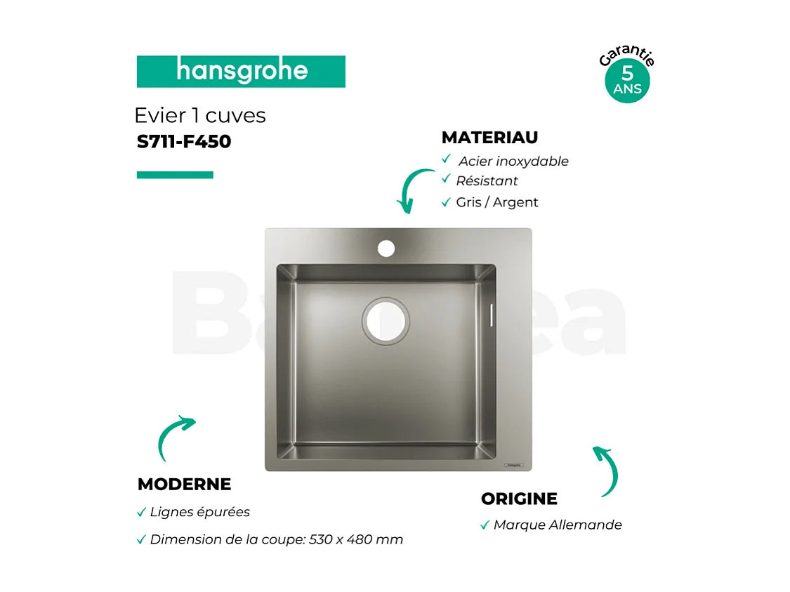 Evier à encastrer 1 bac HANSGROHE S71 450 avec vidage manuel inox