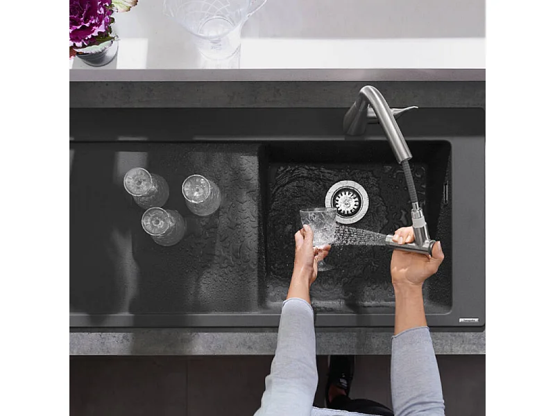 Evier à encastrer 1 bac HANSGROHE S51 450 égouttoir à gauche avec vidage manuel gris pierre