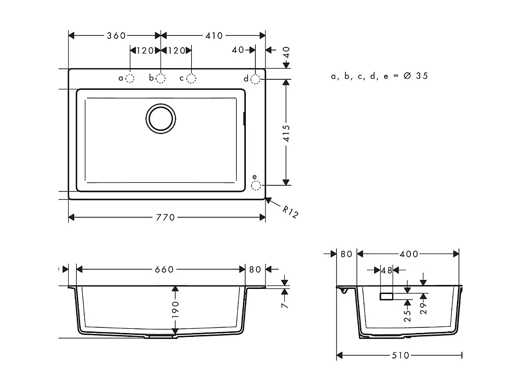 Evier à encastrer 1 bac HANSGROHE S51 660 avec vidage manuel noir graphite
