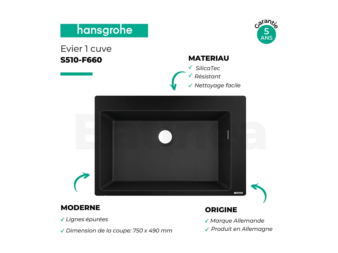 Evier à encastrer 1 bac HANSGROHE S51 660 avec vidage manuel noir graphite