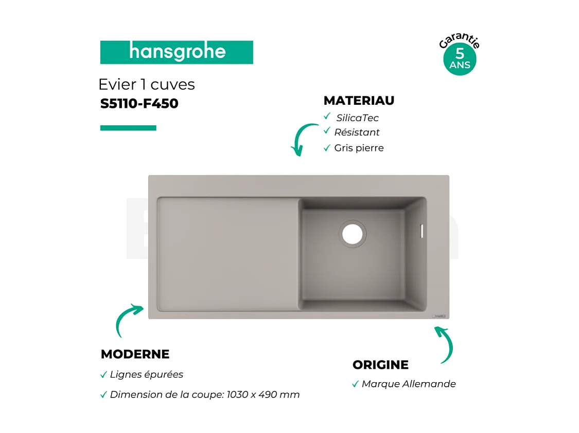 Evier à encastrer 1 bac HANSGROHE S51 450 égouttoir à gauche avec vidage auto gris béton