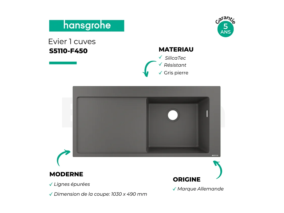 Evier à encastrer 1 bac HANSGROHE S51 450 égouttoir à gauche sans vidage gris pierre