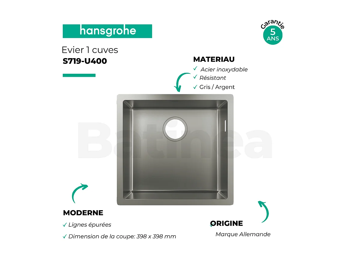 Evier à encastrer sous plan 1 bac HANSGROHE S71 400 sans vidage inox