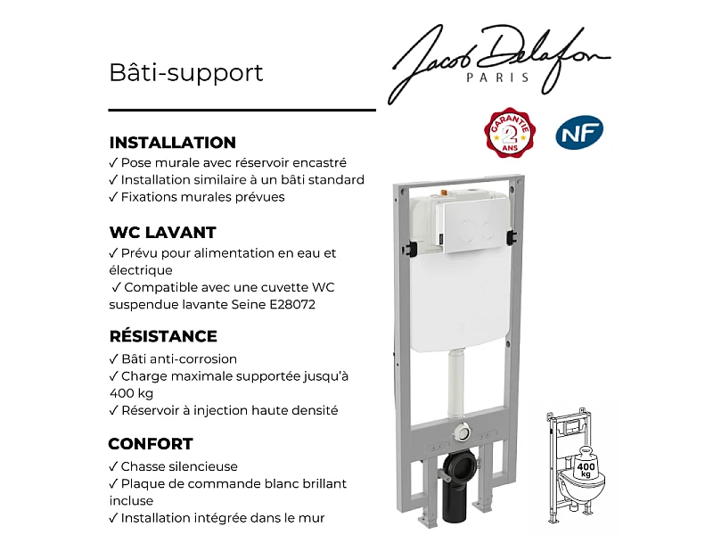 Bâti-support pour WC lavant JACOB DELAFON Seine avec plaque de commande