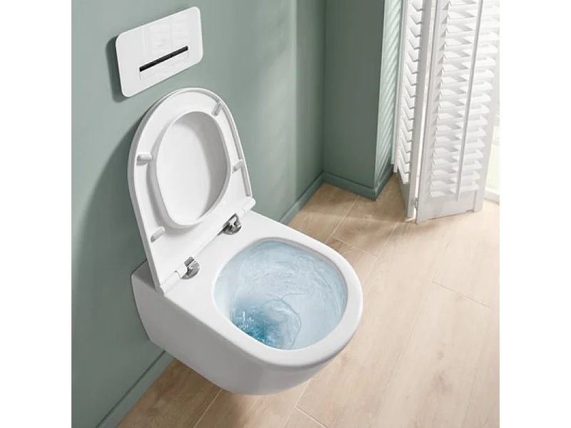 Lot WC modèle suspendu VILLEROY ET BOCH Universo TwistFlush blanc CeramicPlus + bâti et plaque chromée GROHE