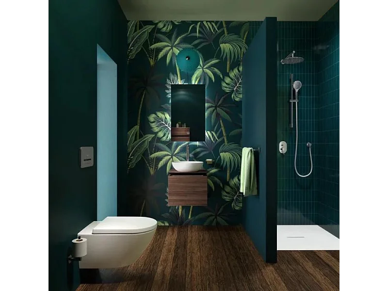 Lot WC modèle suspendu VILLEROY ET BOCH Universo TwistFlush blanc CeramicPlus + bâti et plaque chromée GROHE