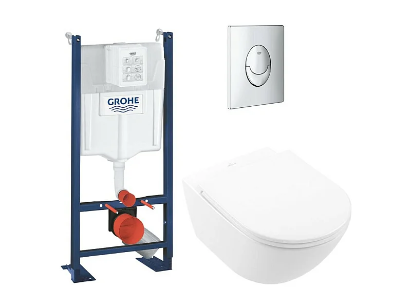Lot WC modèle suspendu VILLEROY ET BOCH Universo TwistFlush blanc CeramicPlus + bâti et plaque chromée GROHE