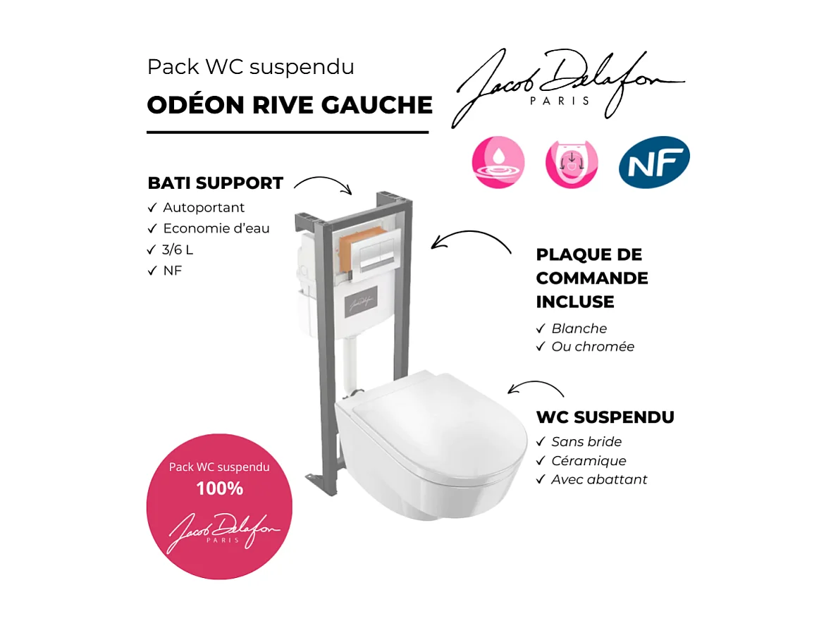 Pack WC suspendu sans bride JACOB DELAFON Odéon Rive Gauche + bâti support + plaque chromée