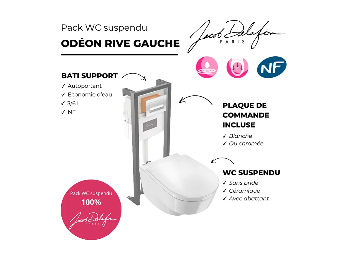 Pack WC suspendu sans bride JACOB DELAFON Odéon Rive Gauche + bâti support + plaque chromée