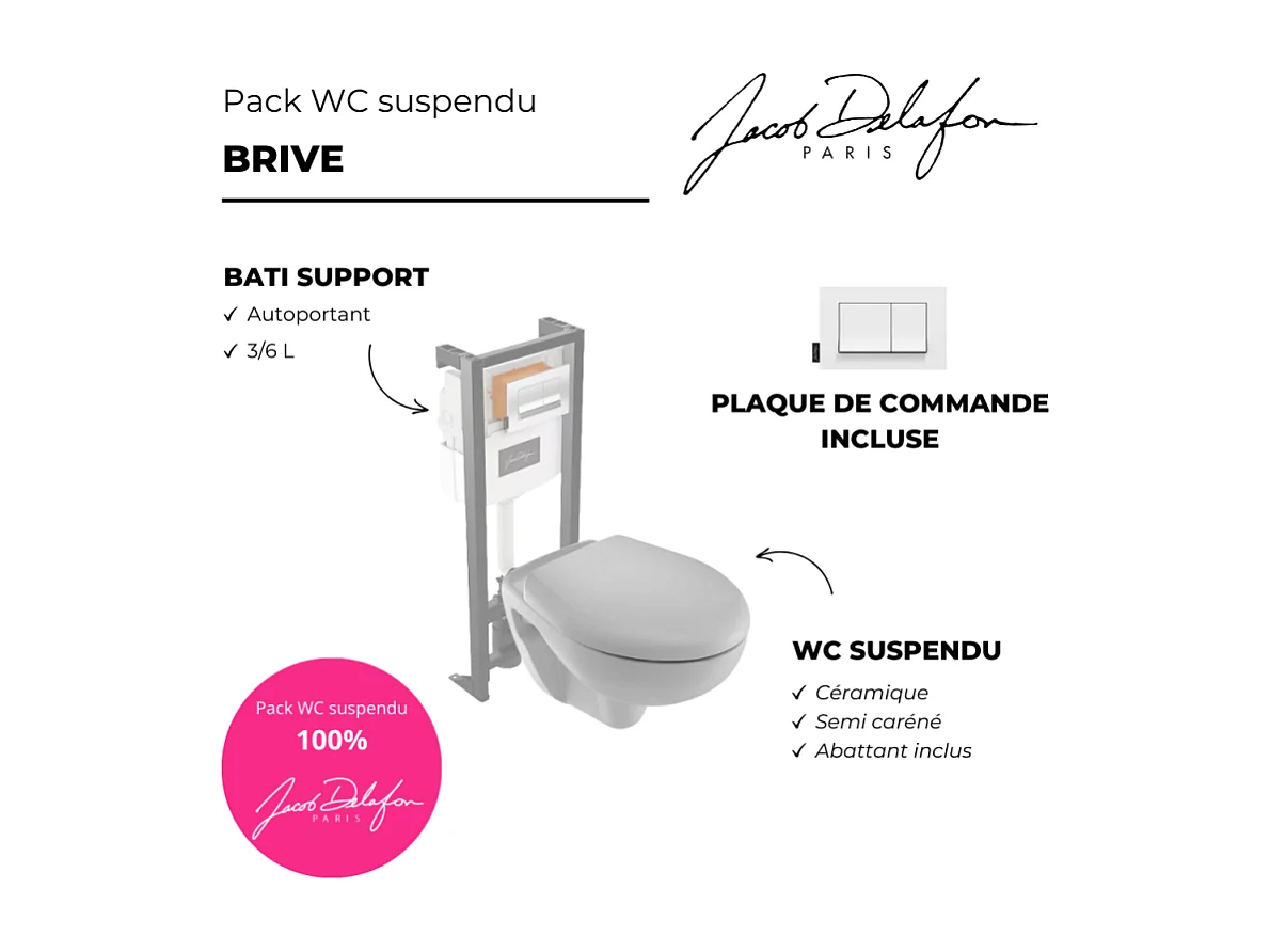 Pack WC suspendu JACOB DELAFON Brive semi caréné + bâti-support + abattant standard + plaque blanche