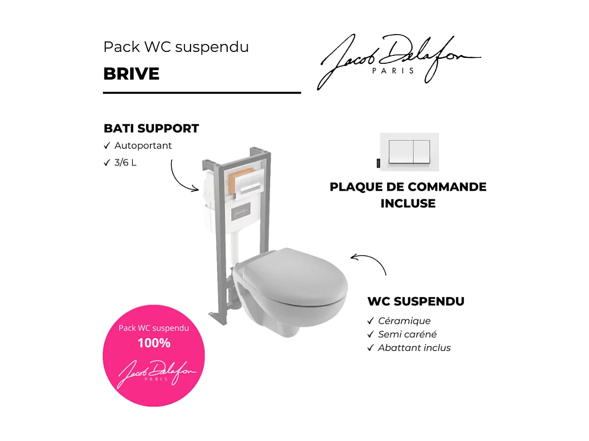 Pack WC suspendu JACOB DELAFON Brive semi caréné + bâti-support + abattant standard + plaque blanche