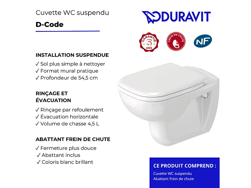 Cuvette WC suspendu DURAVIT D-Code avec abattant frein de chute déclipsable
