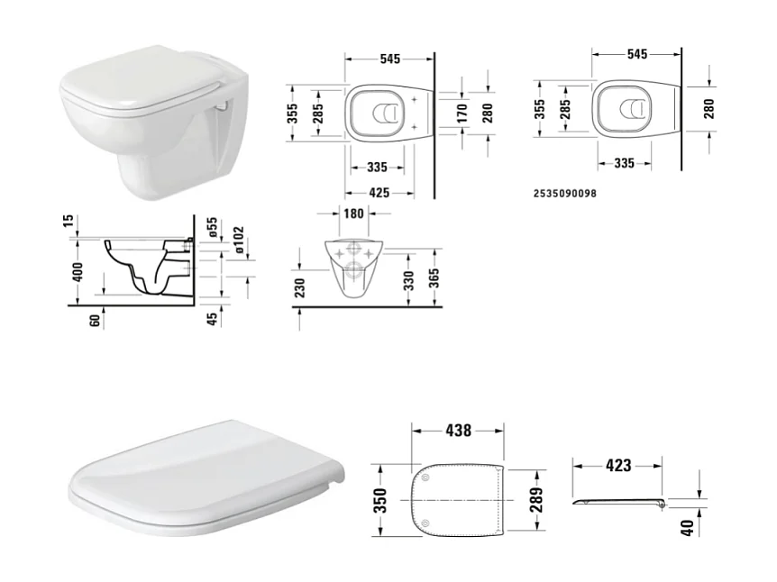 Cuvette WC suspendu DURAVIT D-Code avec abattant frein de chute déclipsable