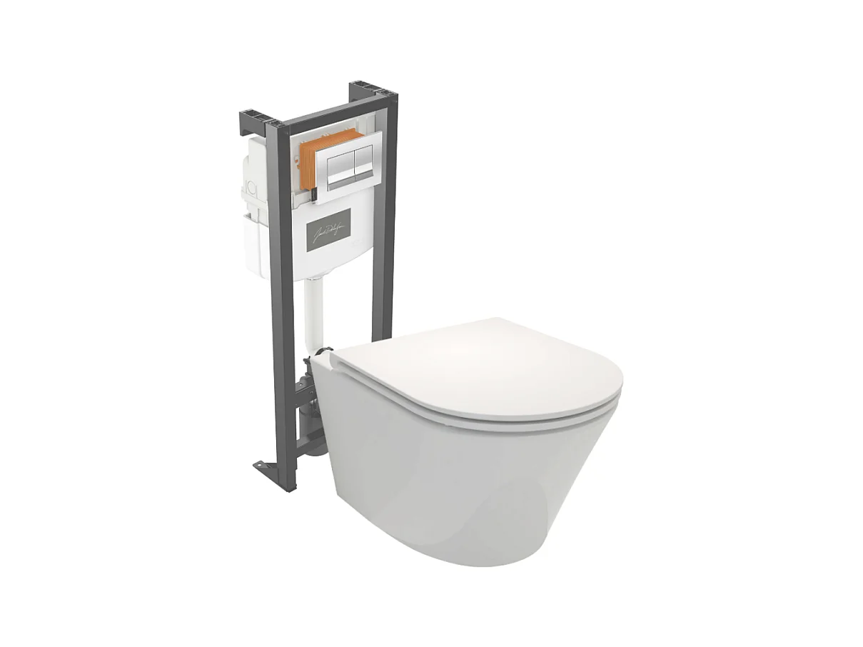 Pack WC suspendu sans bride JACOB DELAFON Rodin+ avec abattant + bâti support + plaque chromée