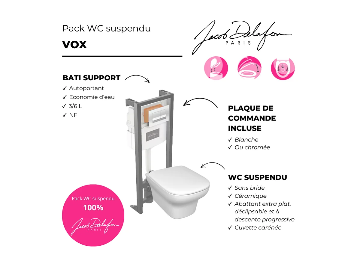 Pack WC suspendu sans bride JACOB DELAFON Vox + bâti support + abattant + plaque chromée
