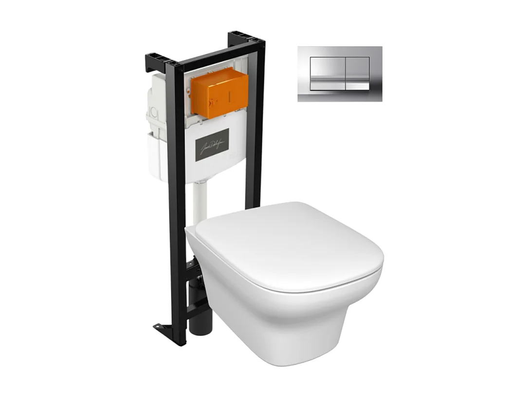 Pack WC suspendu sans bride JACOB DELAFON Vox + bâti support + abattant + plaque chromée
