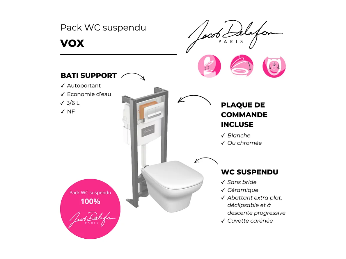 Pack WC suspendu sans bride JACOB DELAFON Vox + bâti support + abattant + plaque blanche