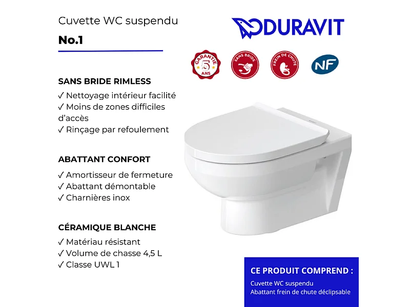 Cuvette WC suspendu sans bride DURAVIT No.1 avec abattant frein de chute déclipsable