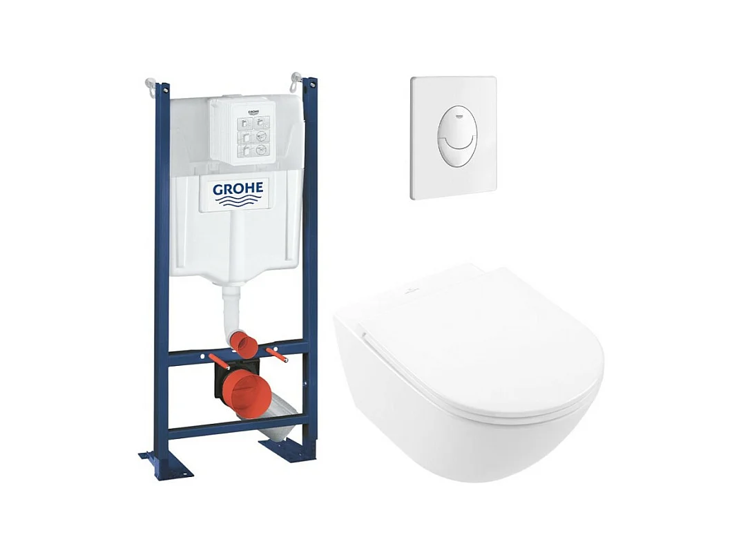 Lot WC modèle suspendu VILLEROY ET BOCH Universo TwistFlush blanc CeramicPlus + bâti et plaque blanche GROHE