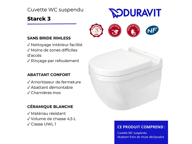 Cuvette WC suspendu sans bride DURAVIT Starck 3 avec abattant frein de chute déclipsable