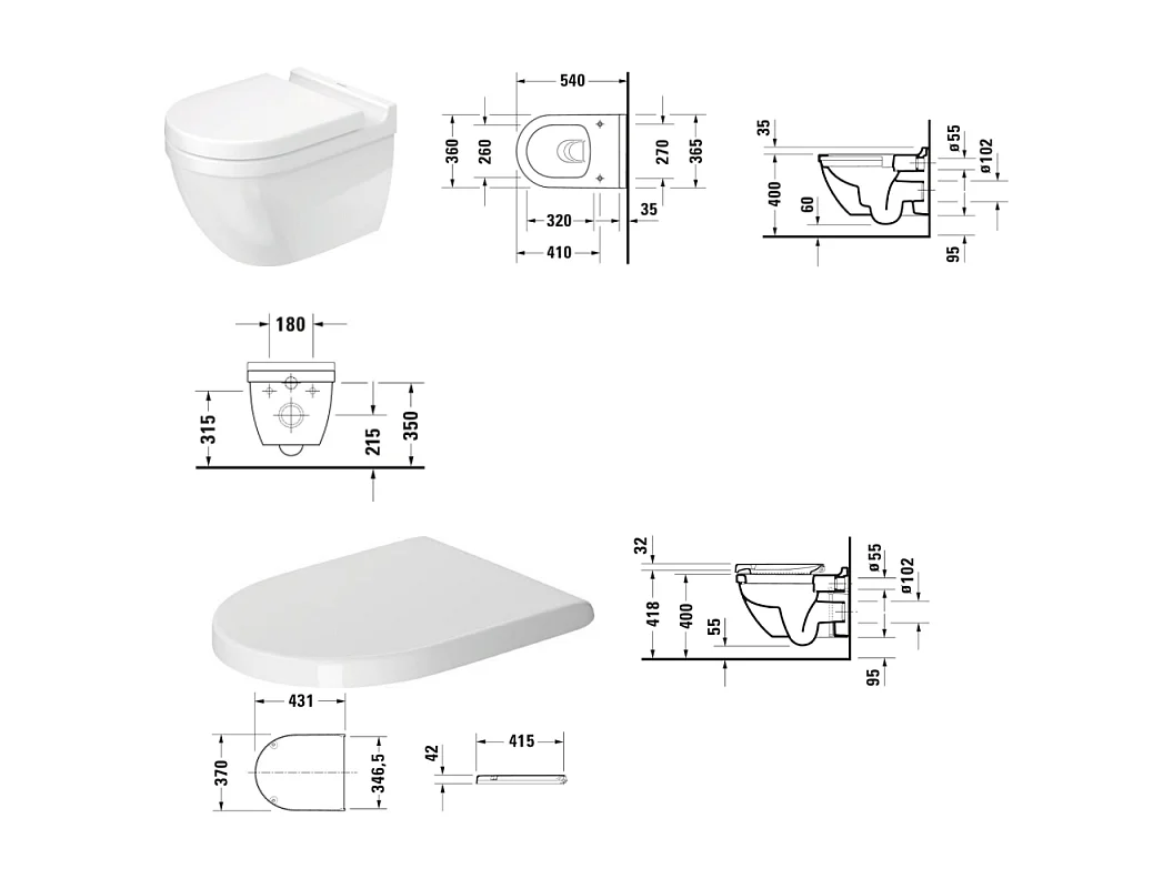 Cuvette WC suspendu sans bride DURAVIT Starck 3 avec abattant frein de chute déclipsable