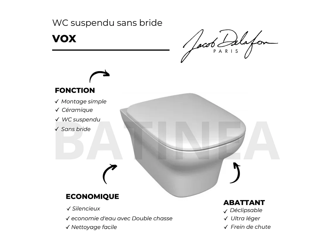 WC suspendu sans bride JACOB DELAFON Vox avec son abattant déclipsable à descente progressive
