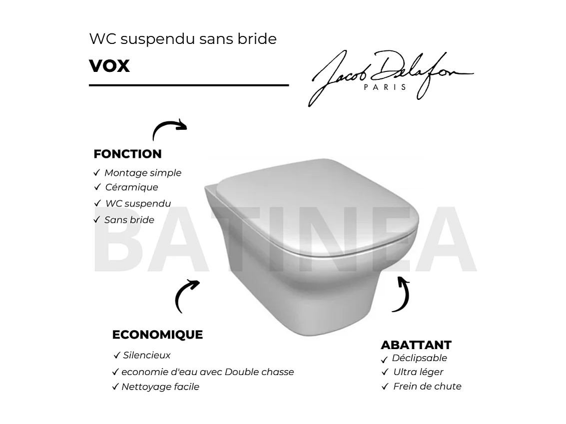 WC suspendu sans bride JACOB DELAFON Vox avec son abattant déclipsable à descente progressive