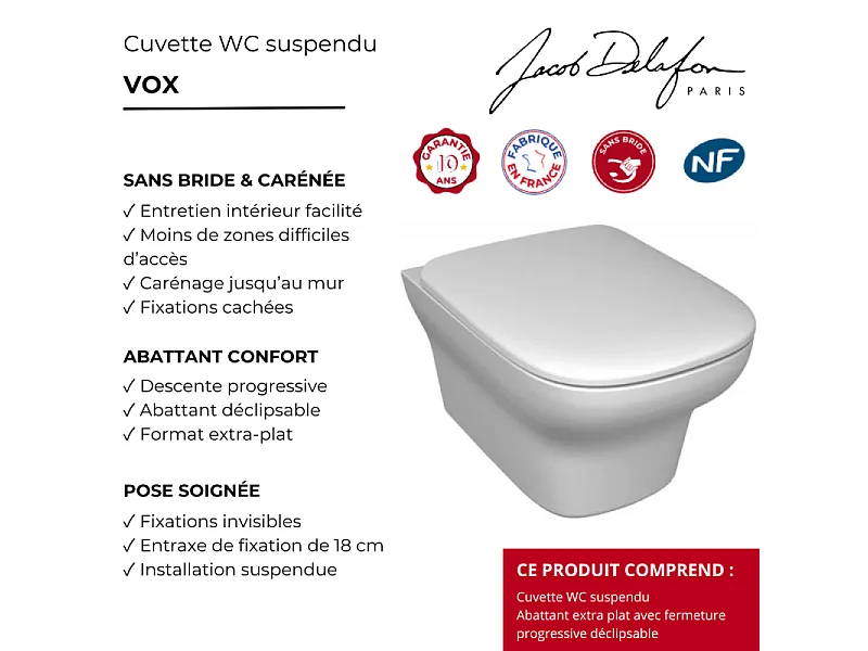 Cuvette WC suspendu sans bride JACOB DELAFON Vox avec abattant frein de chute extra-plat déclipsable
