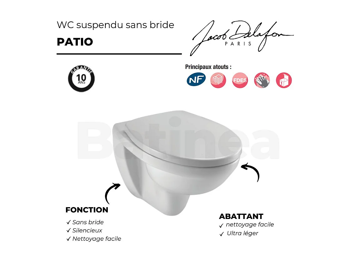 WC suspendu sans bride JACOB DELAFON Patio + abattant
