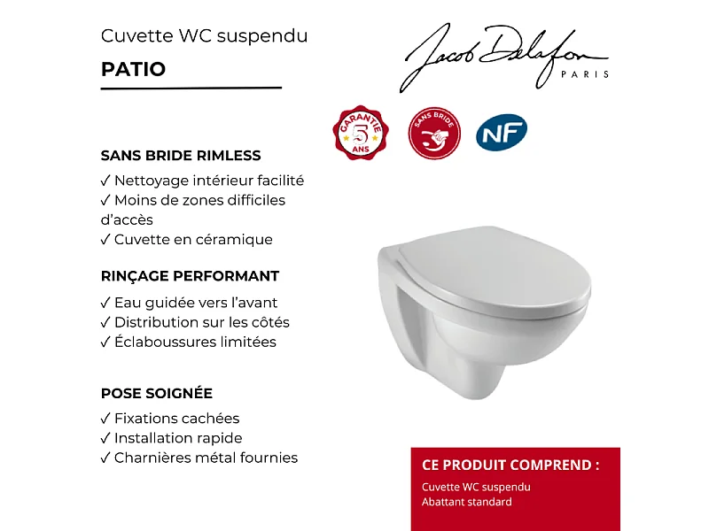 Cuvette WC suspendu sans bride JACOB DELAFON Patio avec abattant