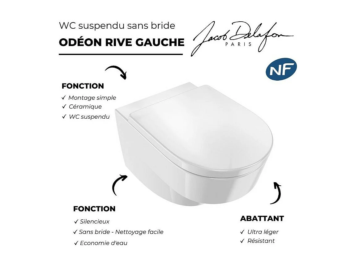 WC suspendu sans bride JACOB DELAFON Odéon Rive Gauche, économie d'eau + abattant