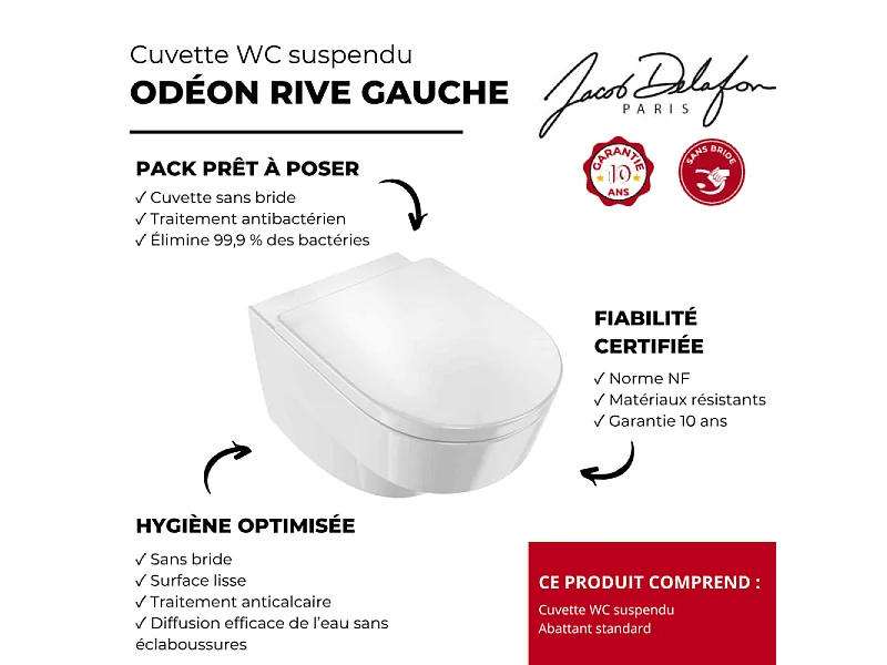 WC suspendu sans bride JACOB DELAFON Odéon Rive Gauche, économie d'eau + abattant