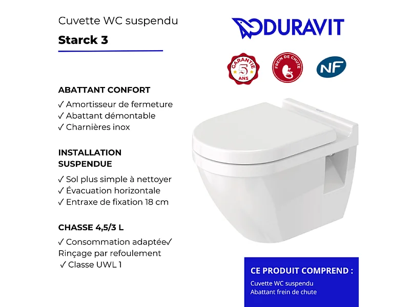 Cuvette WC suspendu DURAVIT Starck 3 avec abattant frein de chute déclipsable