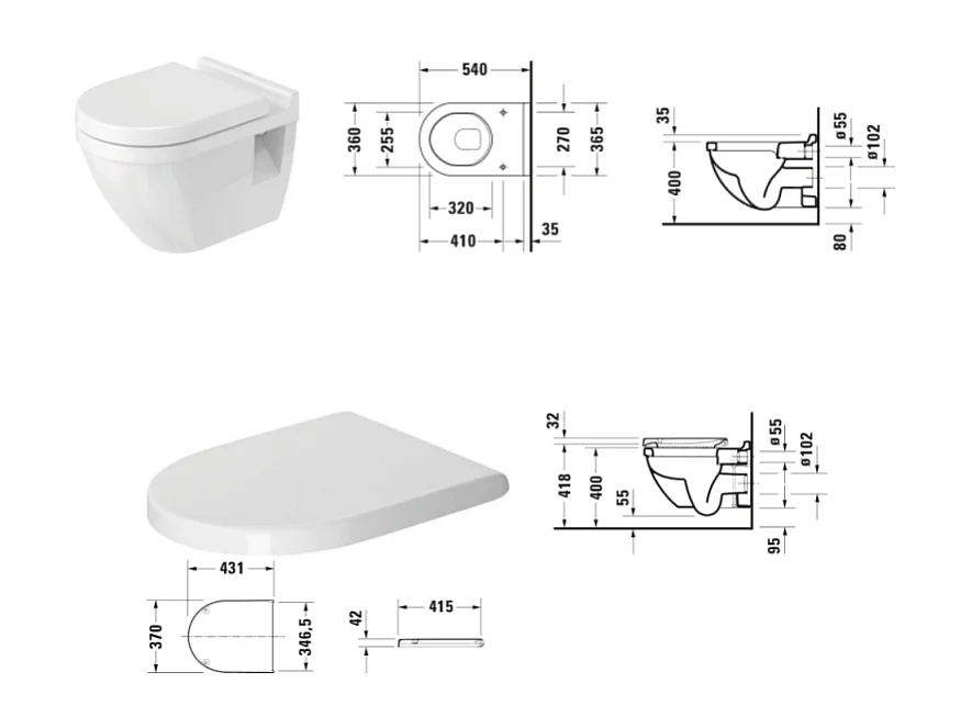 Cuvette WC suspendu DURAVIT Starck 3 avec abattant frein de chute déclipsable