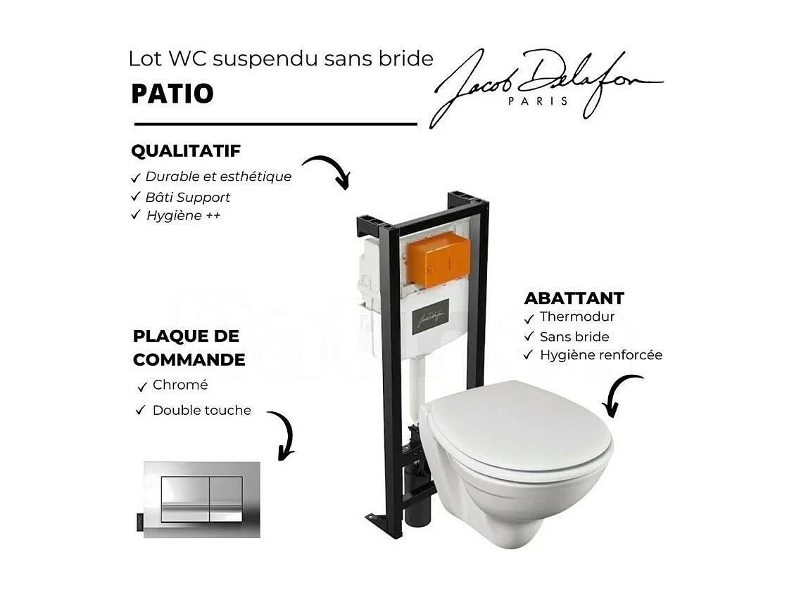 WC suspendu sans bride JACOB DELAFON Patio + bâti-support + plaque chromé