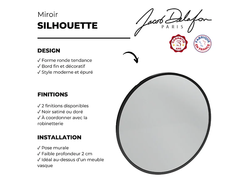 Miroir rond JACOB DELAFON Silhouette 70 cm noir satiné