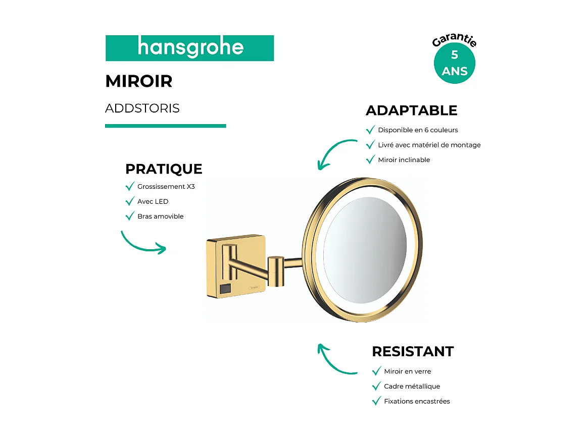 Miroir de rasage avec éclairage LED HANSGROHE AddStoris doré poli