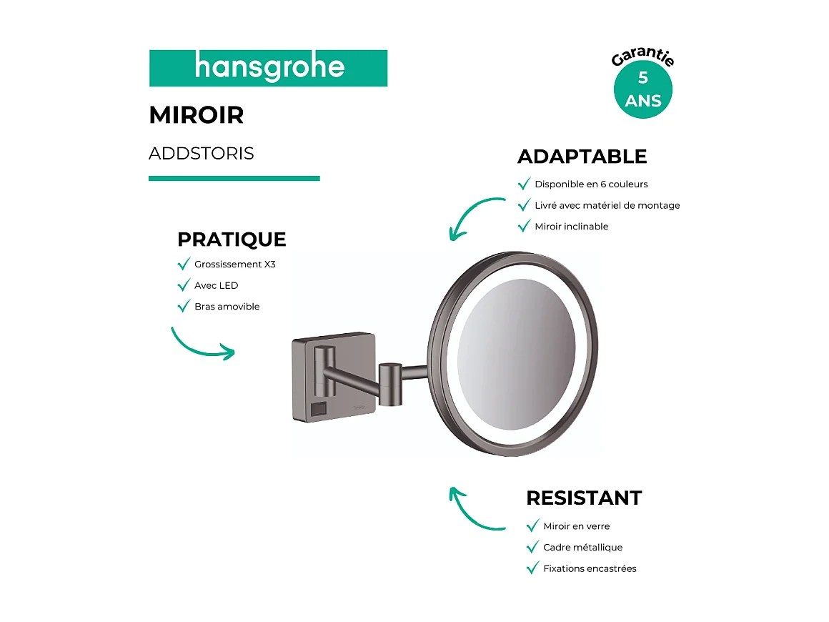 Miroir de rasage avec éclairage LED HANSGROHE AddStoris chromé brossé
