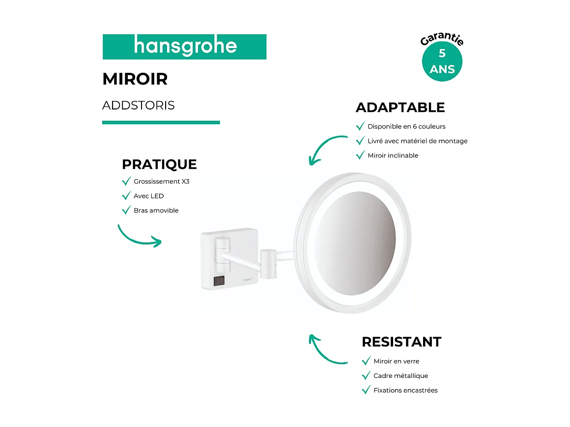 Miroir de rasage avec éclairage LED HANSGROHE AddStoris blanc mat