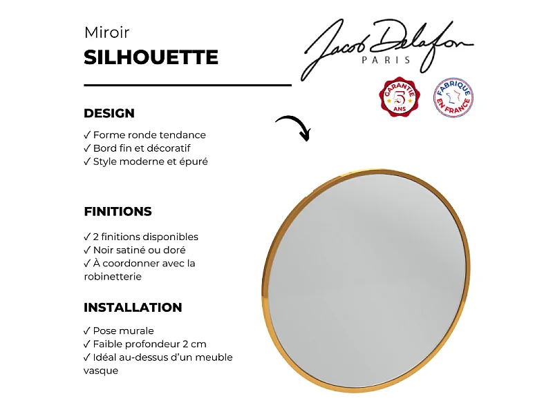 Miroir rond JACOB DELAFON Silhouette 70 cm laqué doré