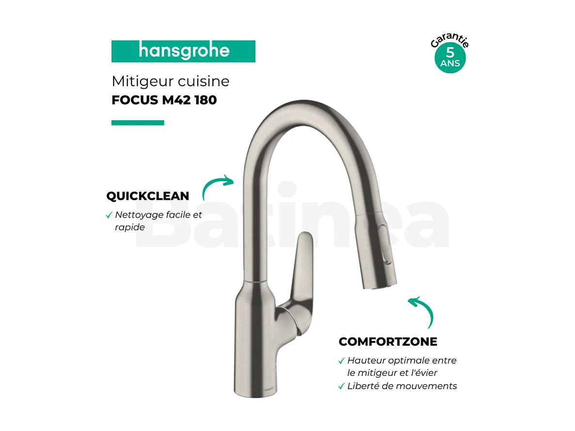 Robinet de cuisine avec douchette HANSGROHE Focus M42 180 2 jets aspect acier inox