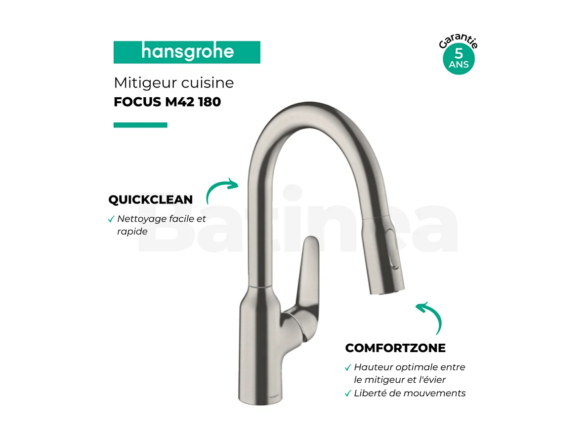Robinet de cuisine avec douchette HANSGROHE Focus M42 180 2 jets aspect acier inox