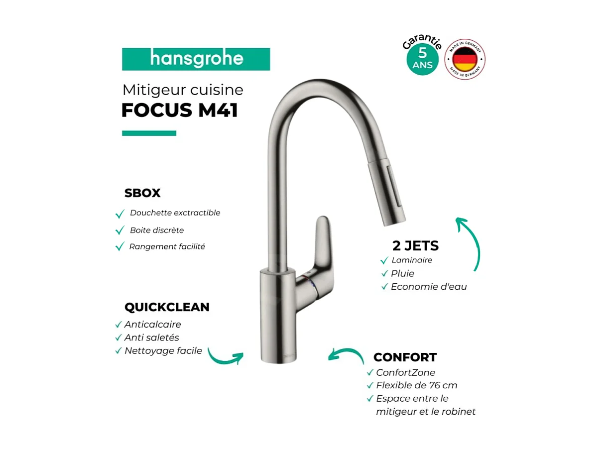Grifo de cocina con ducha HANSGROHE Focus M41 240 sBox 2 chorros aspecto acero inoxidable