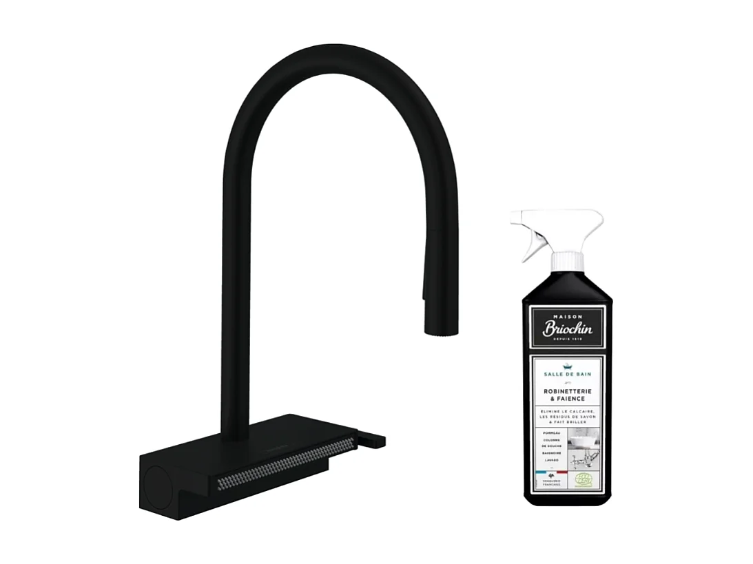 Robinet de cuisine avec douchette HANSGROHE Aquno Select M81 170 3 jets noir mat + nettoyant Briochin